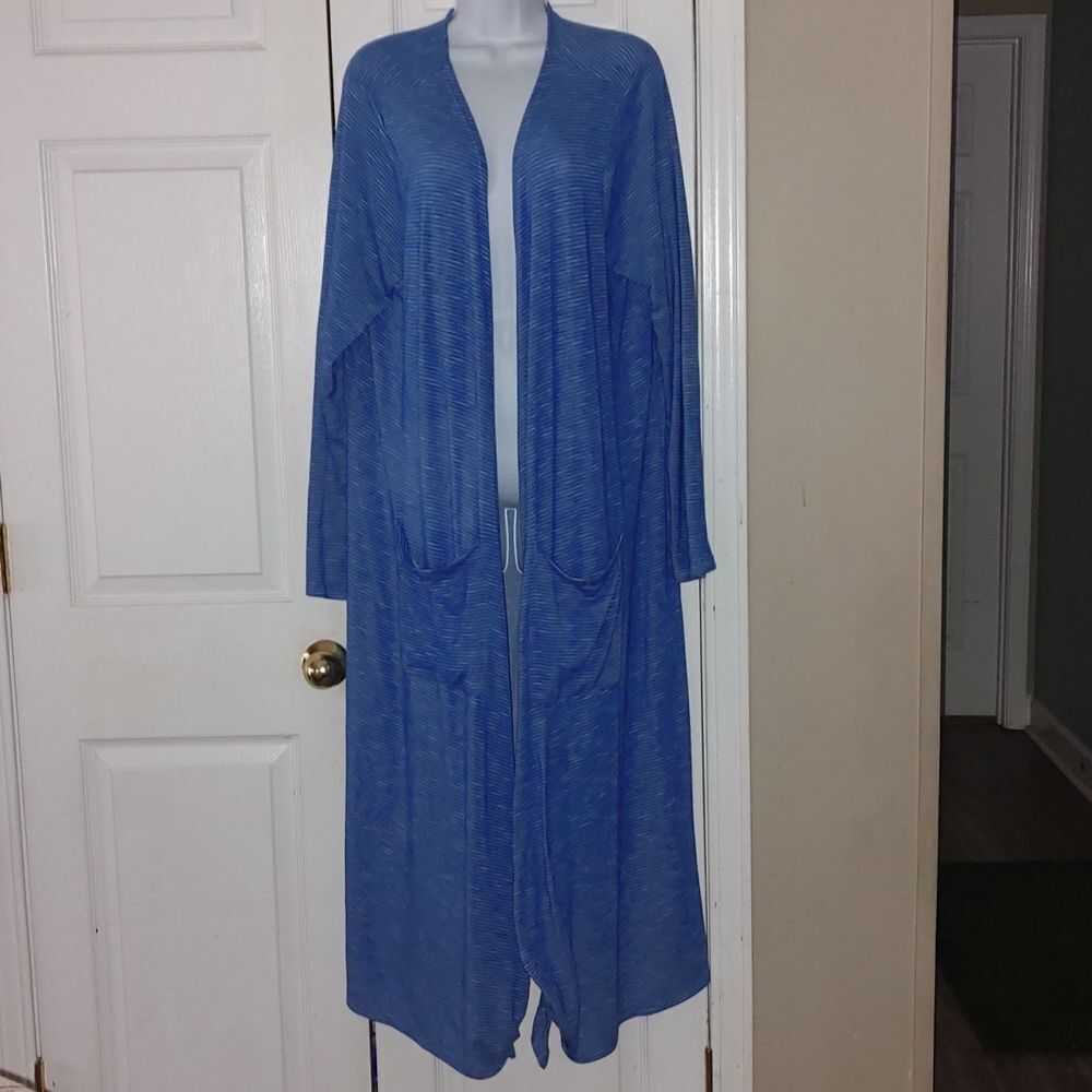 Lularoe  blue with white stripe open front long cardigan duster  Sz XL